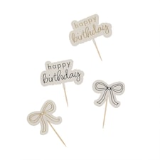 Gold & Black Happy Birthday Bow Food Cake Picks - Pack of 12