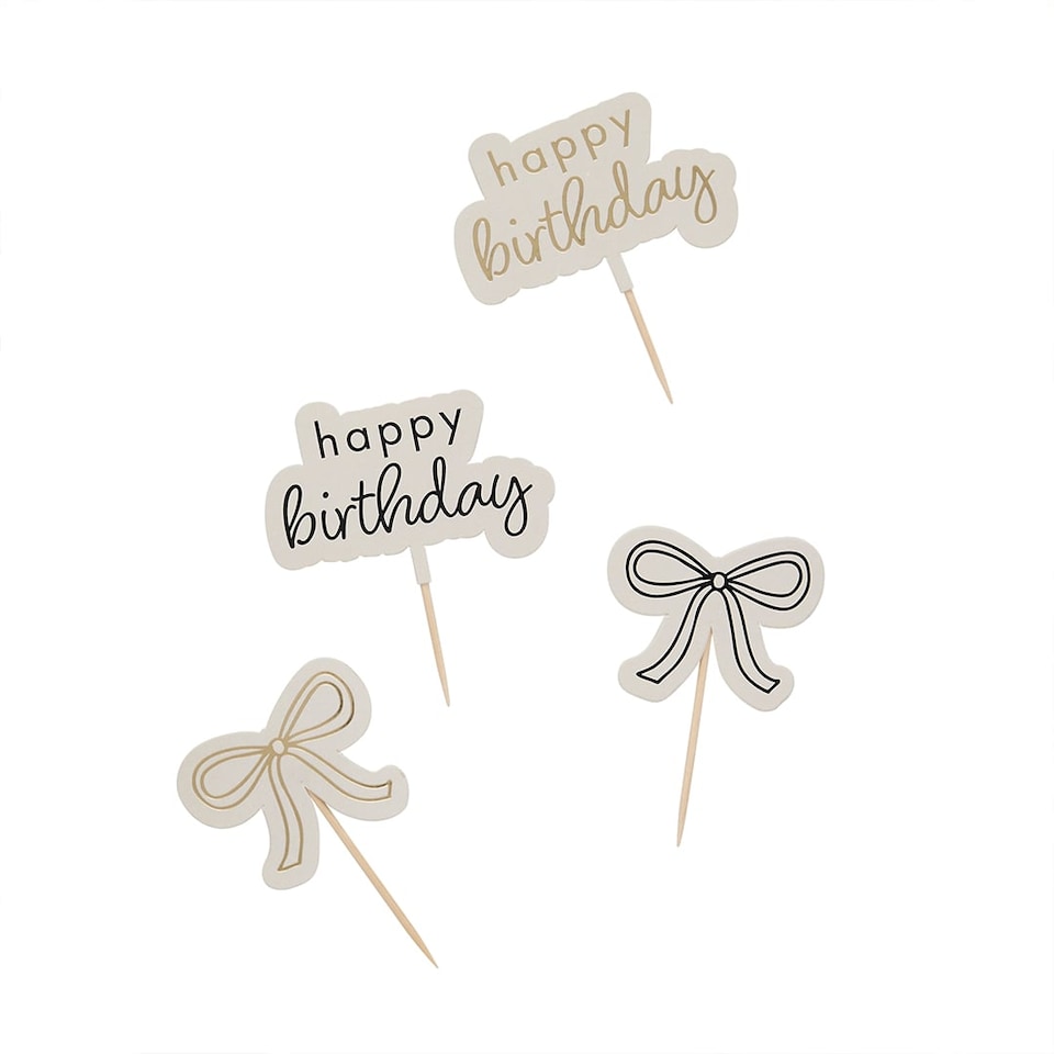 image 1 of Gold & Black Happy Birthday Bow Food Cake Picks - Pack of 12