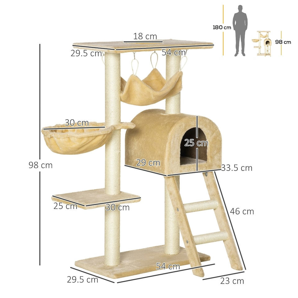 image 1 of PawHut Cat Tree Scratching Post Kitten Activity Centre with Hammock, Beige