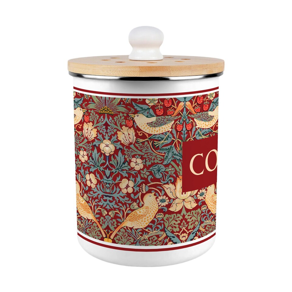 image 1 of Strawberry Thief Compost Caddy - Metal 2L Red Decorative Kitchen Food Waste Bin