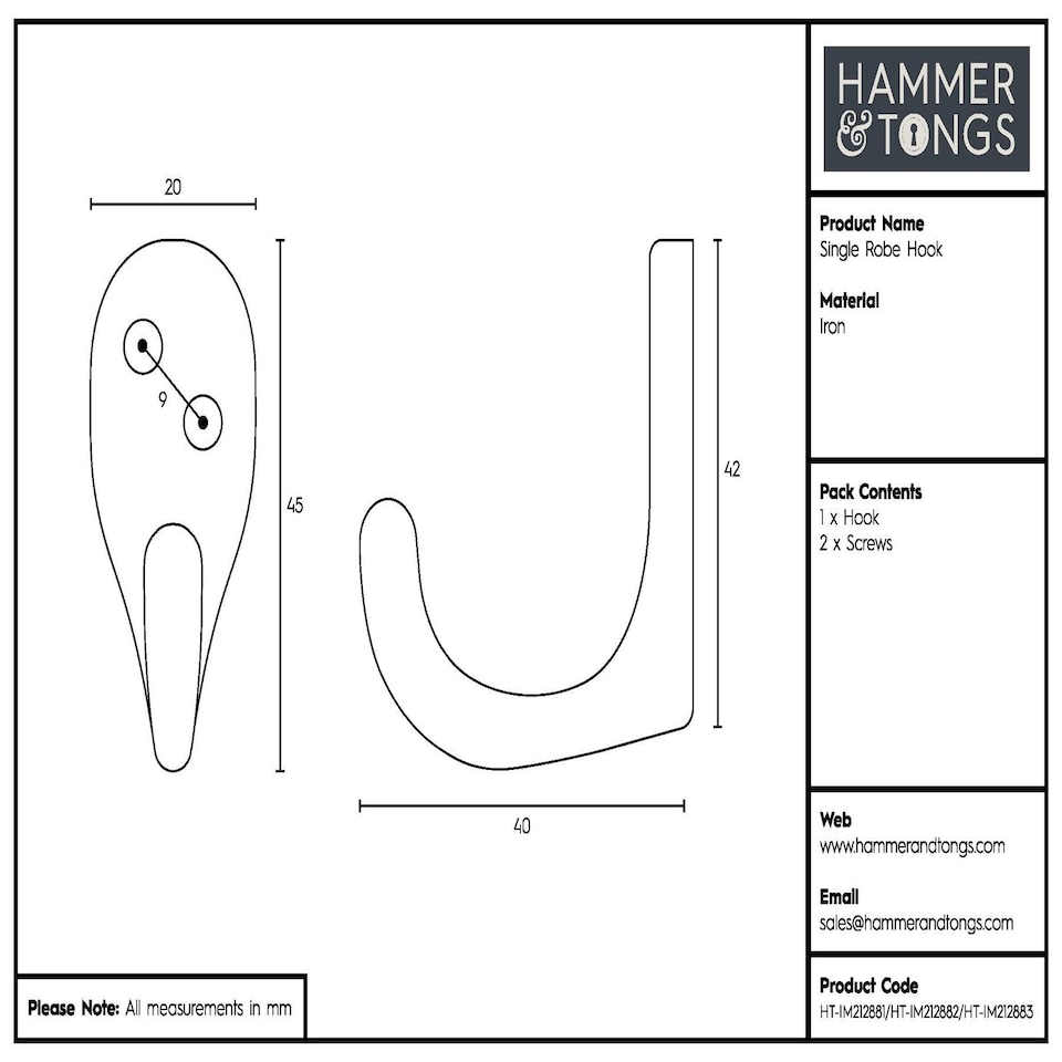 image 1 of Hammer & Tongs Single Robe Hook - W20mm x H45mm - Brass