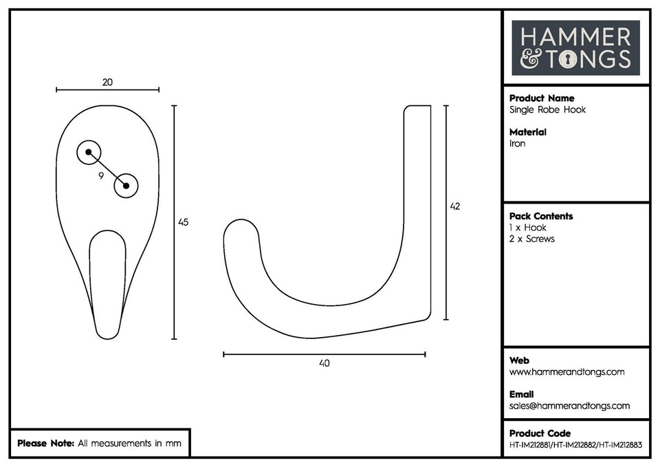 image 1 of Hammer & Tongs Single Robe Hook - W20mm x H45mm - Brass