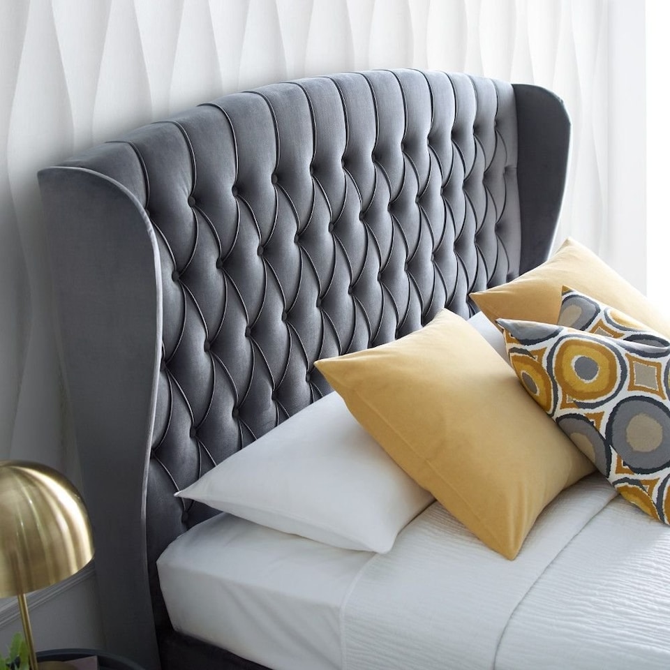 image 1 of 5ft King Size Velvet grey ottoman fabric upholstered buttoned storage gas lift up bed frame. Front lift up underbed storeage bed frame