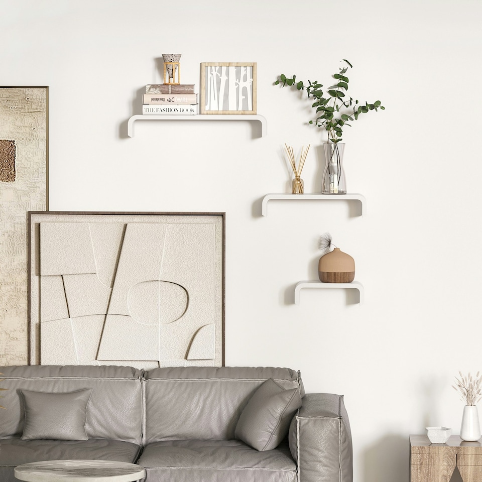 image 1 of HOMCOM U Shaped Shelf Set Floating Wall Mounted White Hanging 3pc Display