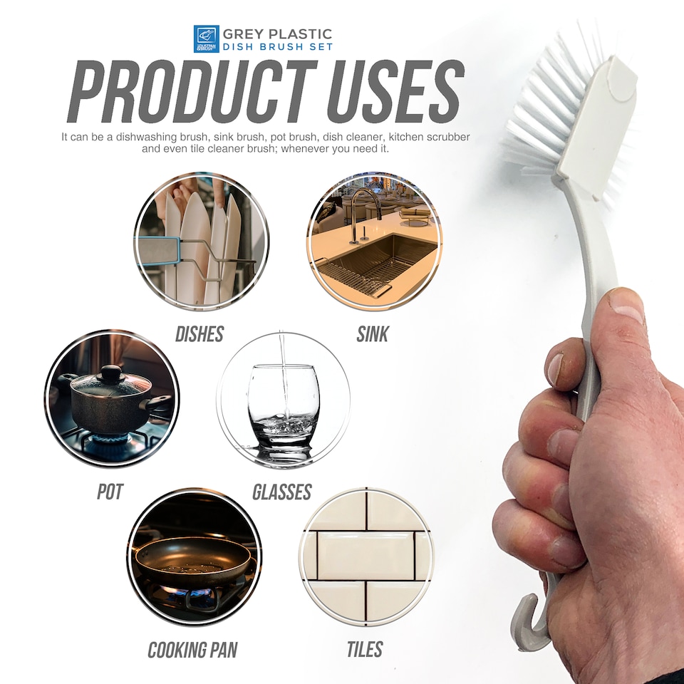 image 1 of Fantail Dish Brushes Firm Bristle Kitchen Washing Up Dish & Sink Scrubbers Long Handle - Pack of 5