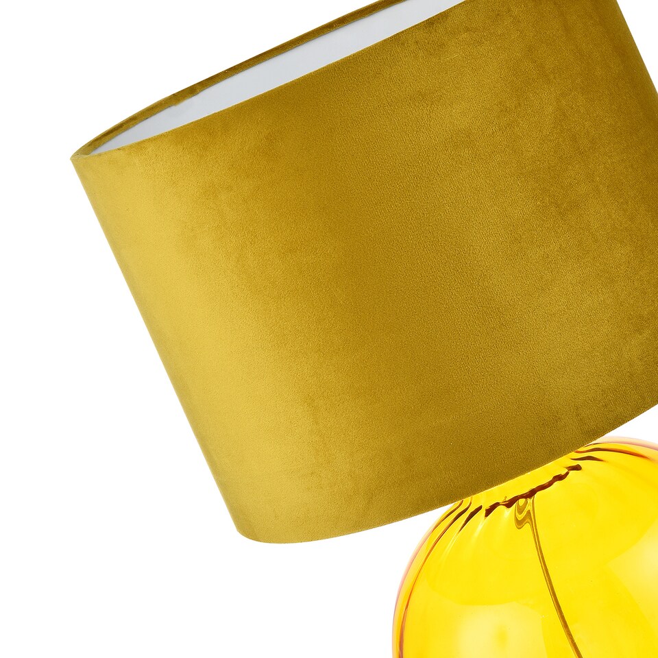 image 1 of Contemporary Ochre Ribbed Glass Table Lamp with Soft Velvet Mustard Shade | Yellow