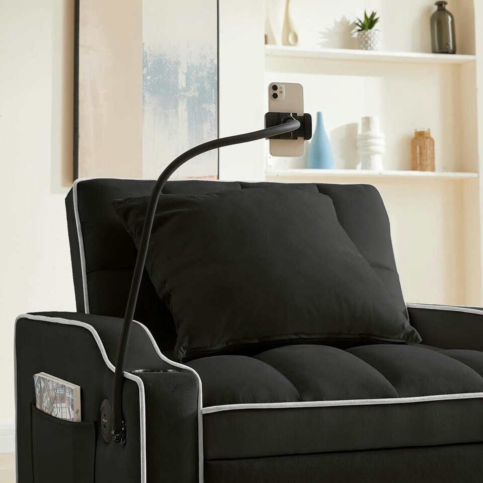image 1 of 3-in-1 Convertible Sofa Bed Sleeper Chair with Adjustable Backrest, USB Charging & Cup Holder for Small Spaces Grey