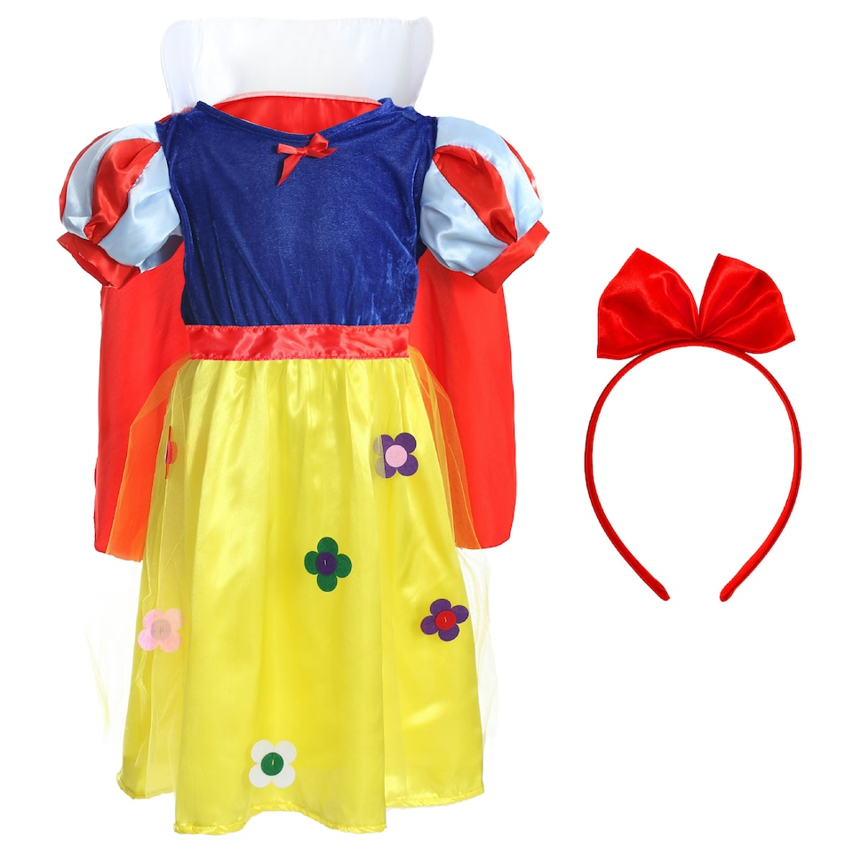 image 1 of Snow Princess Costume Blue and Yellow Dress, Red Cape, Red Bow Yellow | M