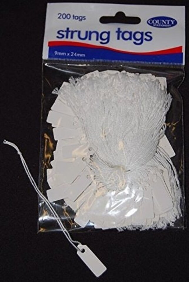 image 1 of 200 Small STRUNG TAGS 9mm x 24mm String Jewellery Price Tag Shop Price Labels