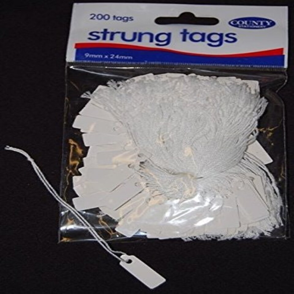 image 1 of 200 Small STRUNG TAGS 9mm x 24mm String Jewellery Price Tag Shop Price Labels