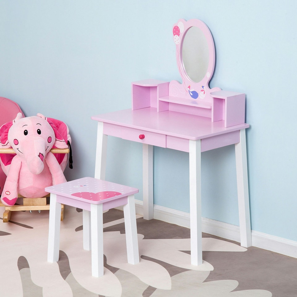 image 1 of HOMCOM Kids Dressing Table and Stool Set Make Up Desk with Storage (Pink) Pink