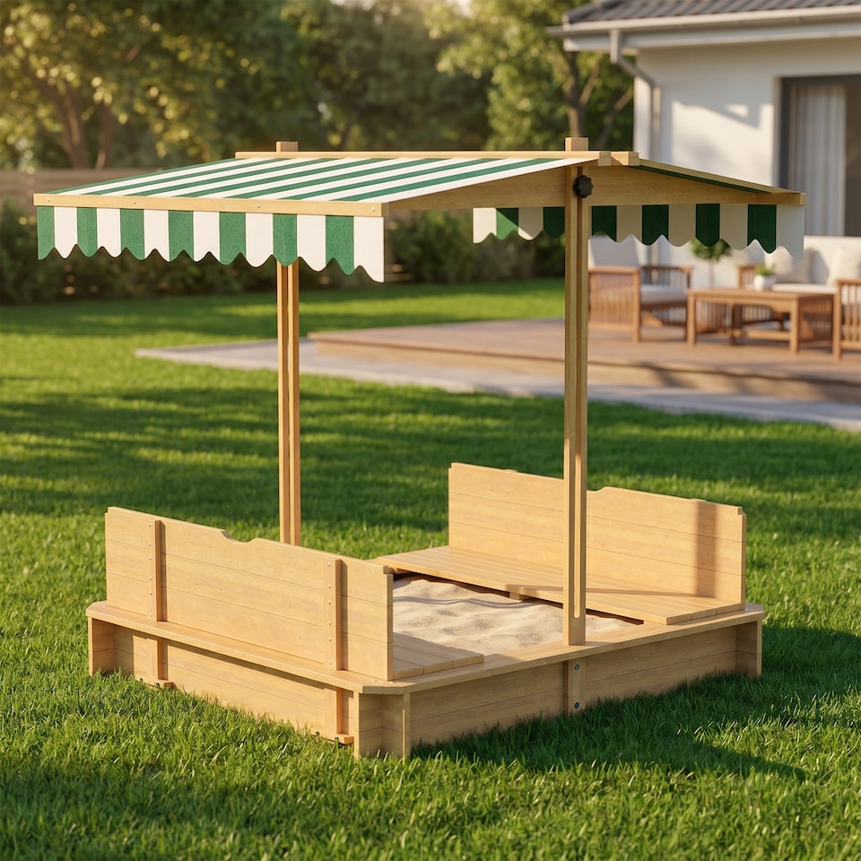 image 1 of Outsunny Kids Square Wooden Sandpit, Children Sandbox Outdoor Playset | Yellow | Natural, Blue