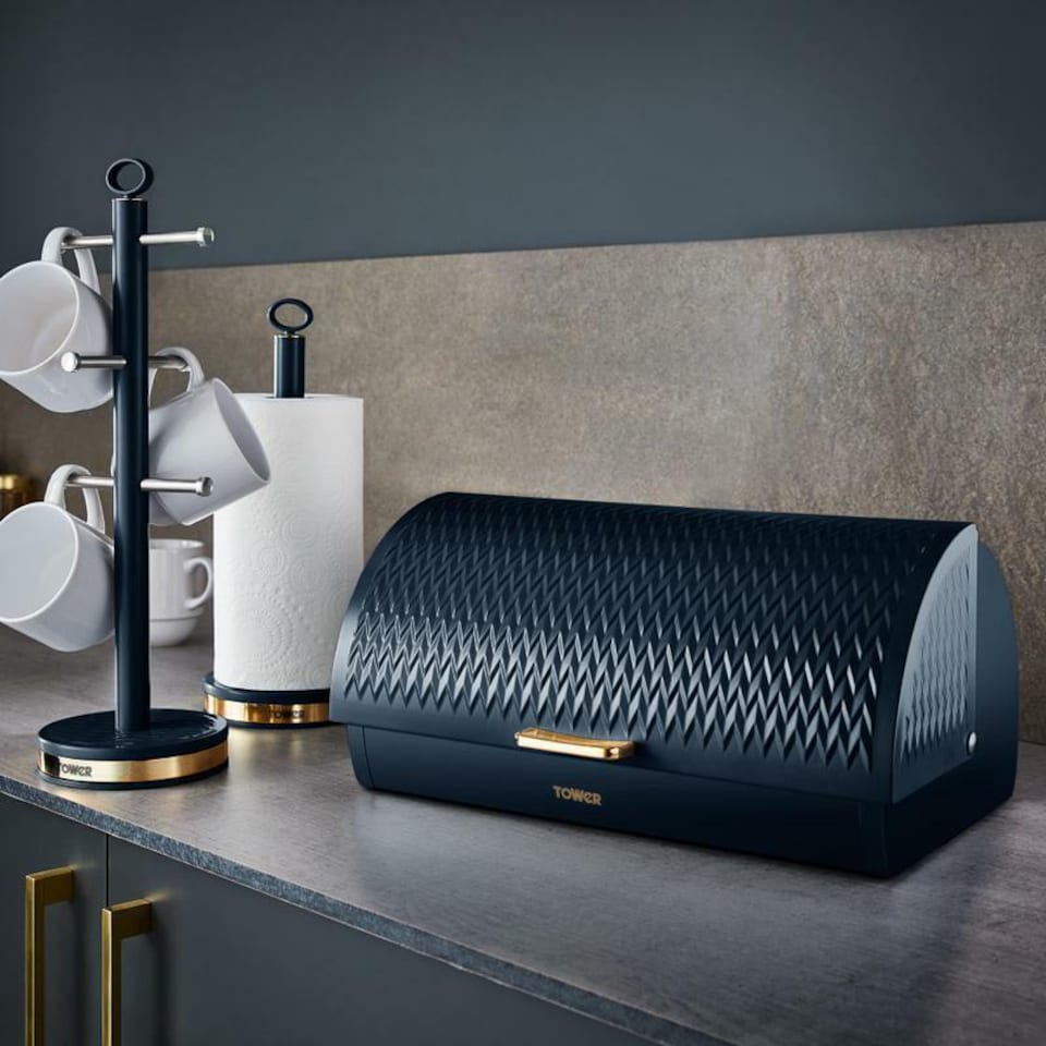 image 1 of Tower Empire Roll Top Bread Bin Midnight Blue & Brass Accents Kitchen Storage