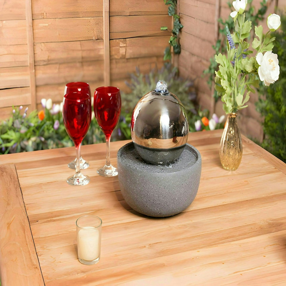image 1 of Primrose Eclipse Silver Stainless Steel Sphere Water Feature with Lights 23cm