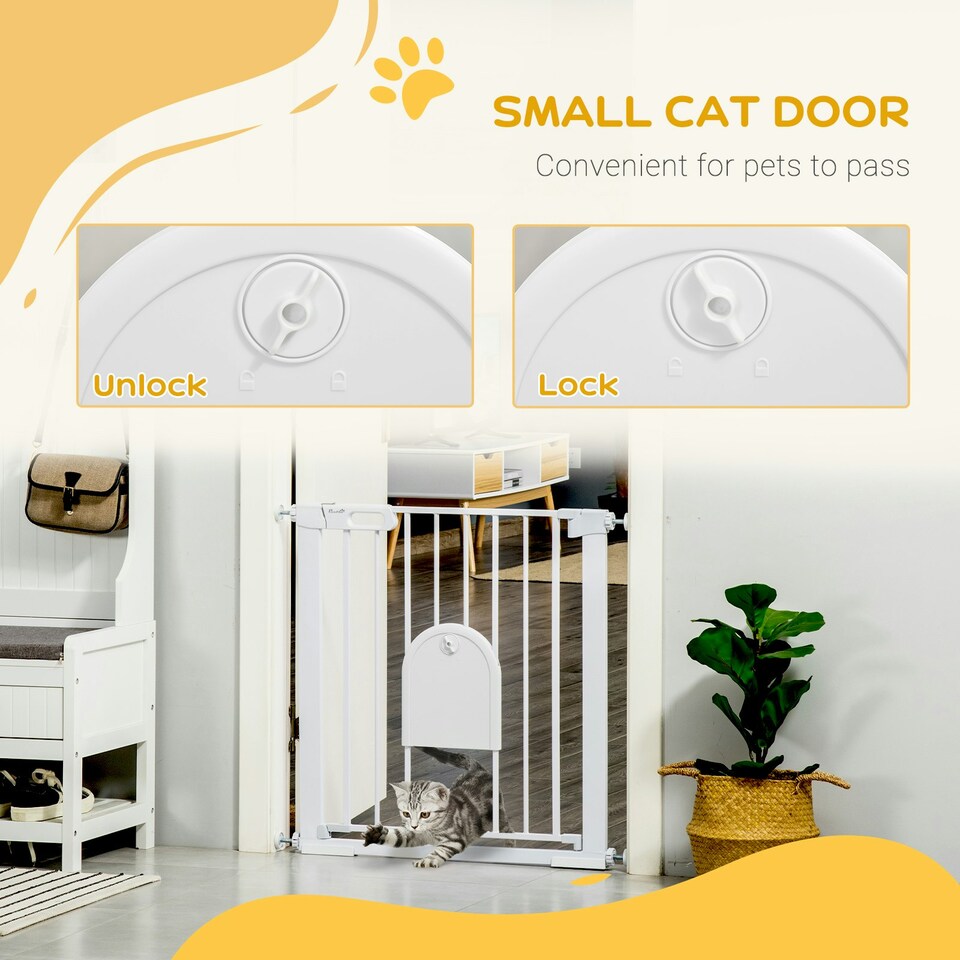 image 1 of PawHut 75-82 cm Pet Safety Gate Pressure Fit Stair w/ Small Door Double Locking