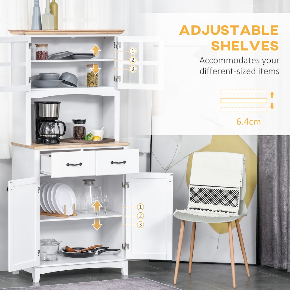 image 1 of HOMCOM Freestanding Kitchen Cupboard, Kitchen Storage Cabinet with Framed Glass Doors, 2 Drawers, Microwave Counter, 172cm, White