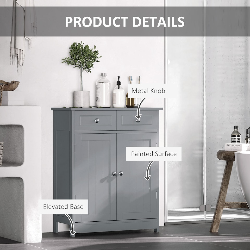 image 1 of kleankin 75x60cm Freestanding Bathroom Storage Cabinet Unit w  2 Drawers Cupboard Adjustable Shelf Metal Handles Traditional Style Grey