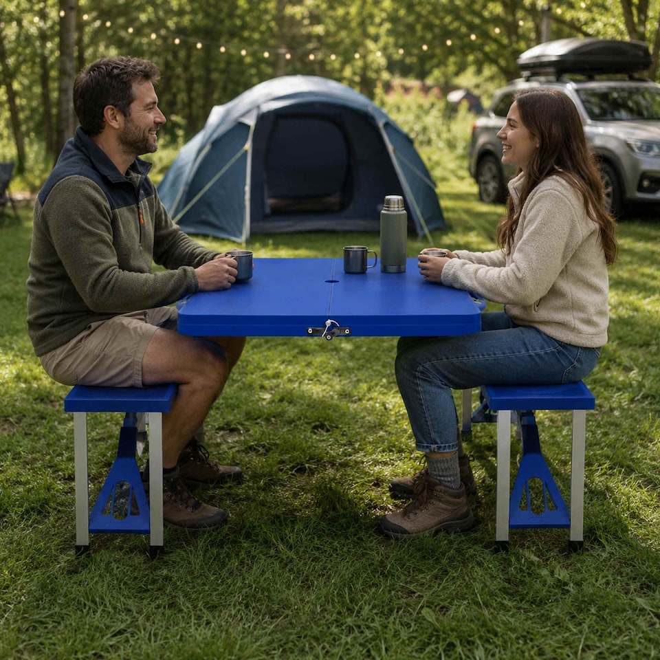 image 1 of Portable Folding Outdoor Picnic Table and Bench Set 4 Seats | Blue