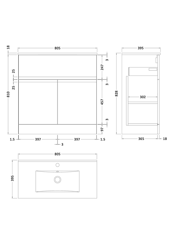 image 1 of Balterley Mavesyn Contemporary 2 Door 1 Drawer Floor Standing Vanity Unit with Minimalist Basin, Satin Green, 800mm