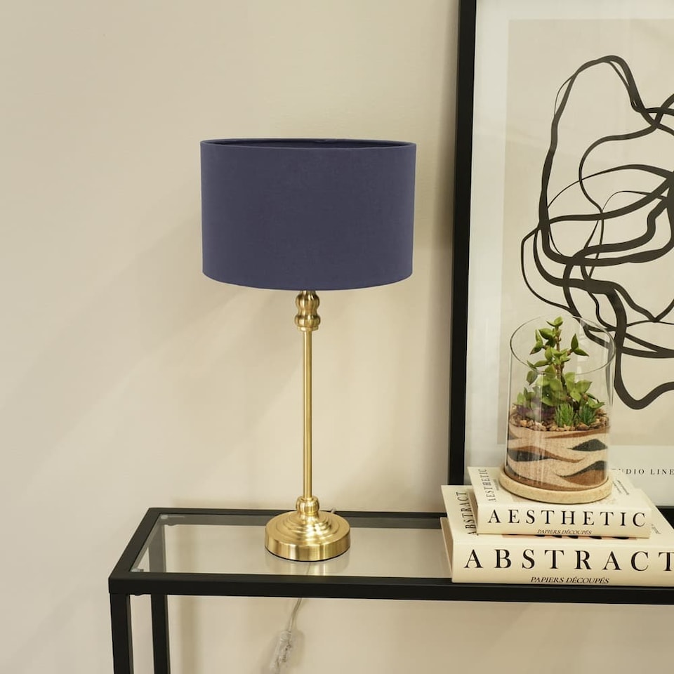 image 1 of ValueLights Maggie Gold Candlestick Table Lamp Navy Shade & Bulb | Gold