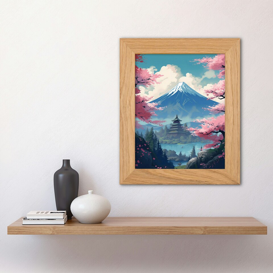 image 1 of Japanese Temple Mount Fuji Lake Cherry Blossoms Art Oak Wood Framed Wall Print