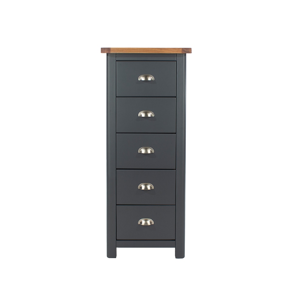 image 1 of Dunkeld 5 Drawer Narrow Chest - Midnight Blue Painted Wood Bedroom Storage with Antique Oak Effect Top and Silver Handles | Blue | Blue | 1