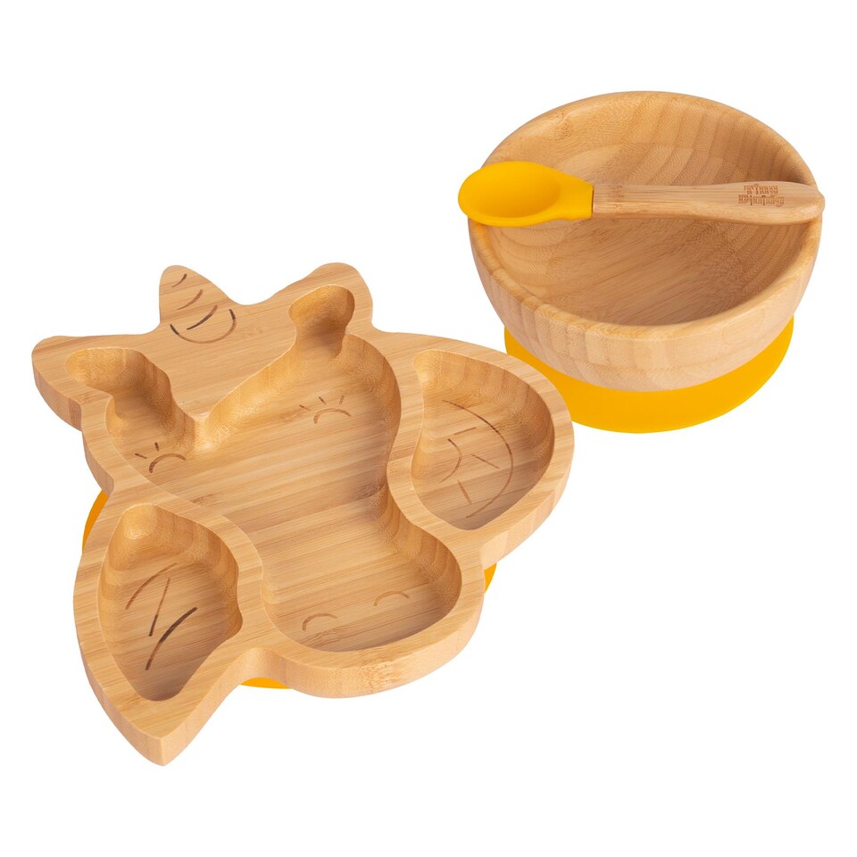 image 1 of Tiny Dining Children's Bamboo Suction Unicorn Dinner Set - Yellow