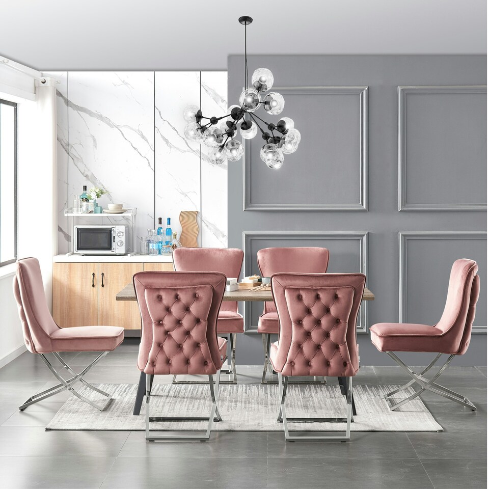 image 1 of Set of 2 Trafalgar Velvet Dining Chairs with Gold Crossed Legs - Modern Upholstered Accent Chair | Pink