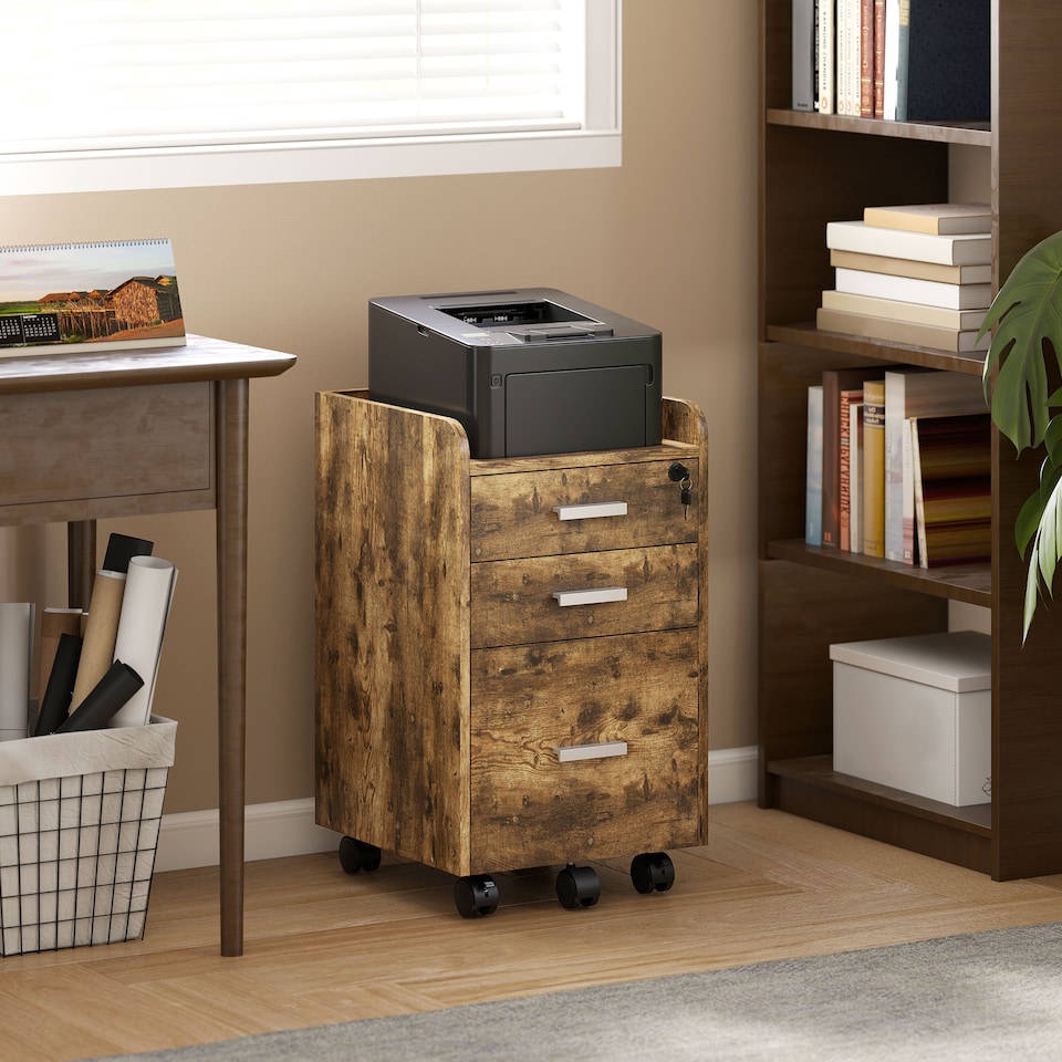 image 1 of HOMCOM Mobile Filing Cabinet, Lockable File Cabinet with 2 keys Rustic Brown | Brown | Rustic Brown