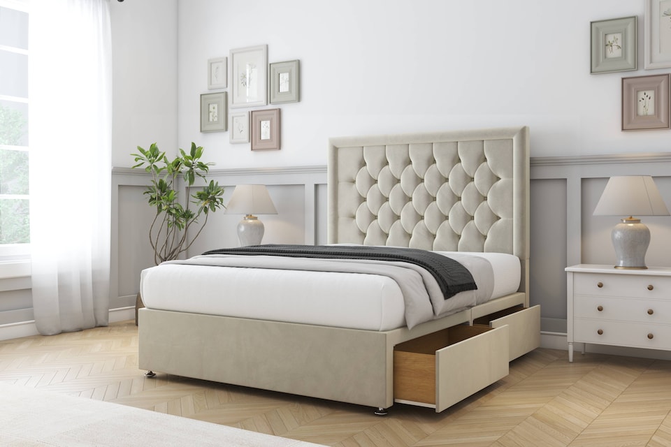 image 1 of Sloomy Montana Cream Plush Divan Bed With Mattress 2 Drawers Same Side With 26" Strutted Headboard 4'6 Double | Cream | Cream | Double | 1