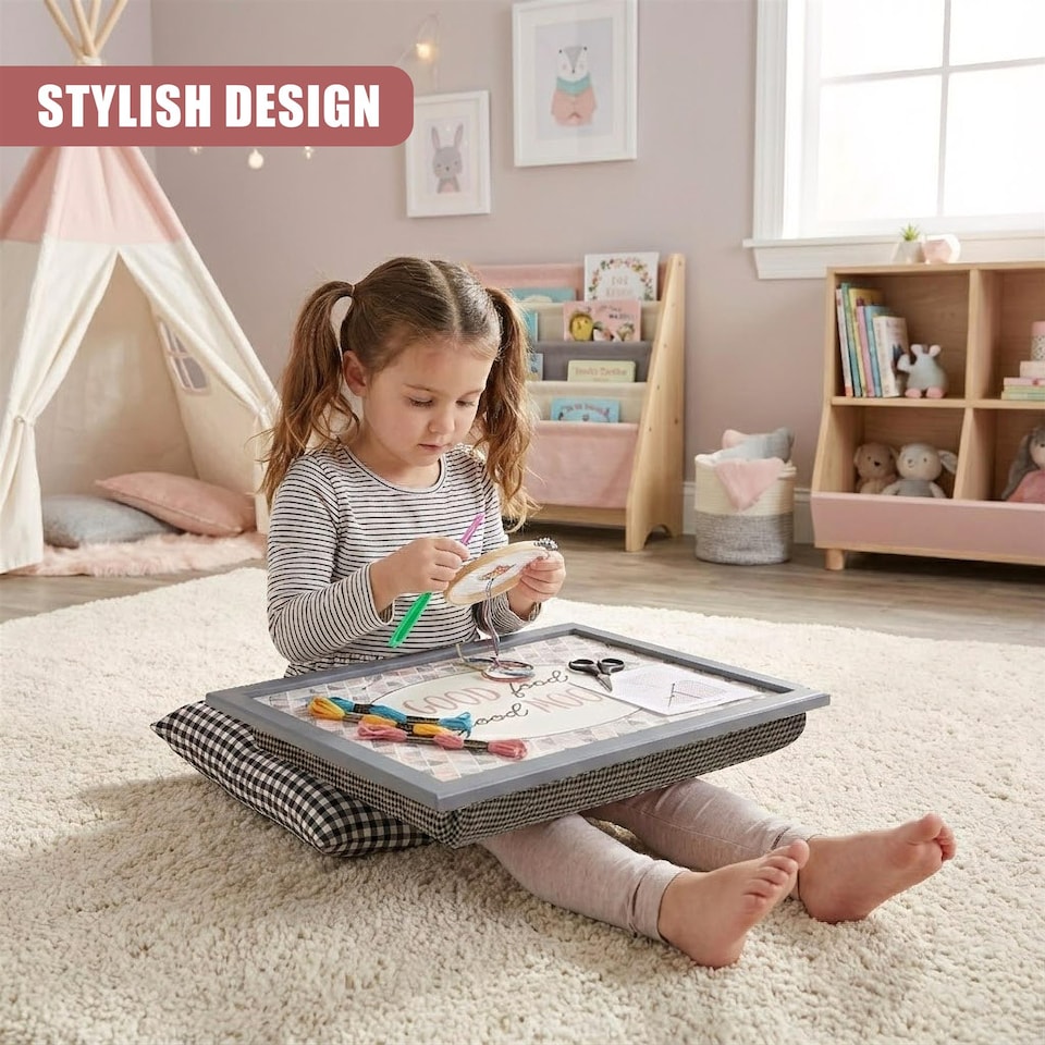 image 1 of GEEZY Good Food Good Mood Design Wooden Lap Serving Tray with Bean Bag Cushion 44x34cm