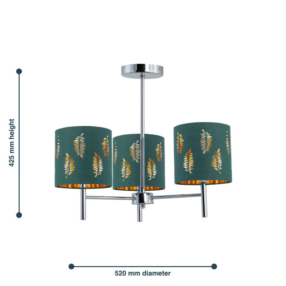 image 1 of Set of 2 Brea - Chrome 3 Light Fittings with Dark Green Fern Shades Chrome | Green
