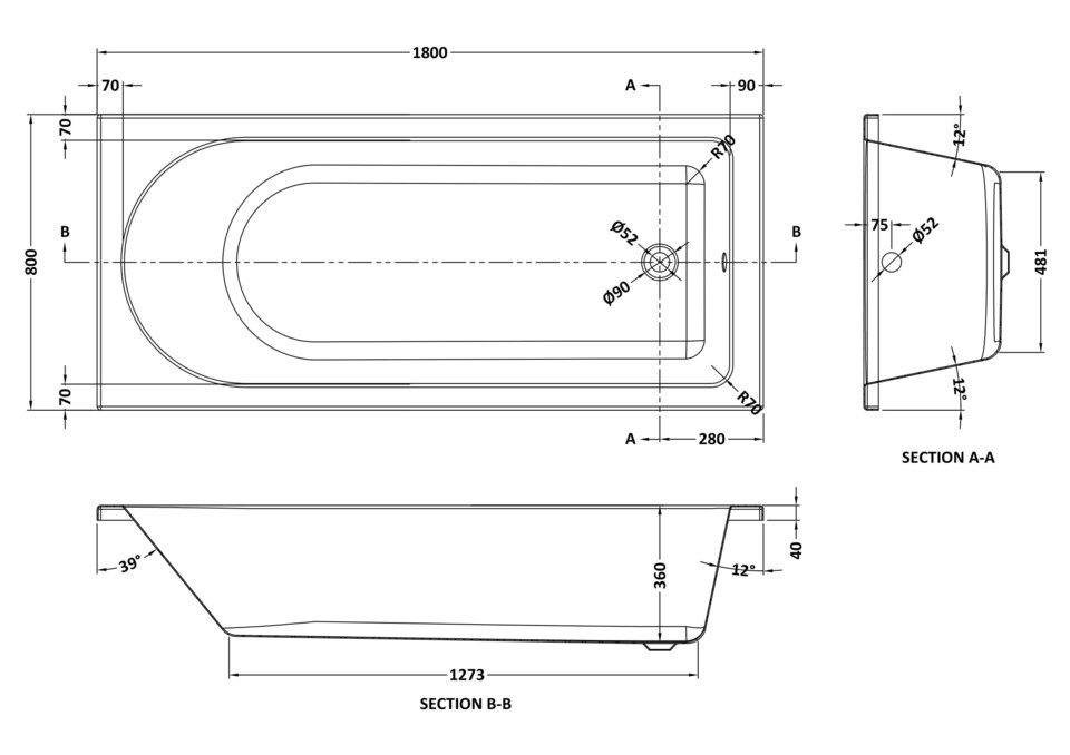 image 1 of Balterley Modern Round Single Ended Straight Shower Bath with Leg Set | White | European White | 1