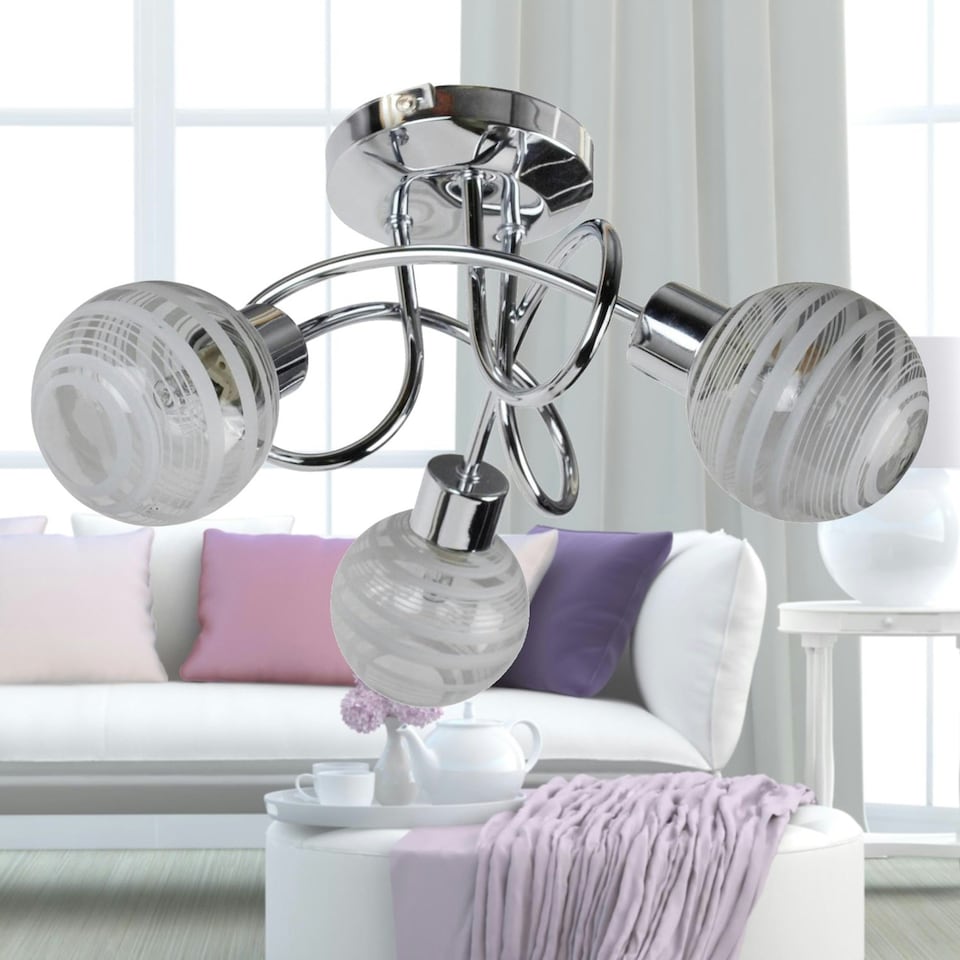 image 1 of First Choice Lighting Cafe Chrome with Striped Glass 3 Light Flush Ceiling Light Chrome | White