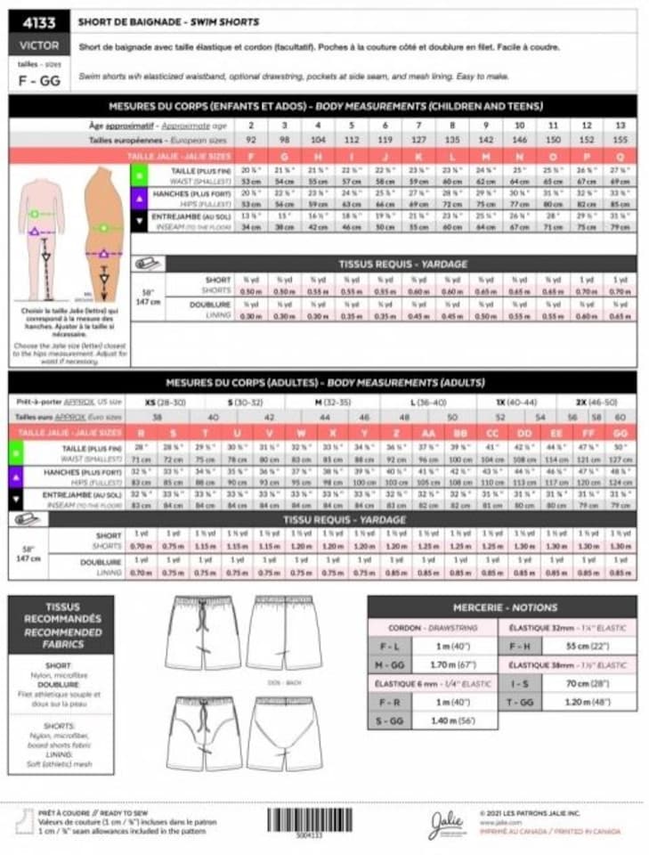 image 1 of Jalie 4133 Victor Swim Shorts Paper Sewing Pattern – Children’s, Teenagers’ & Men’s Shorts & Swimwear, 28 Sizes, Intermediate