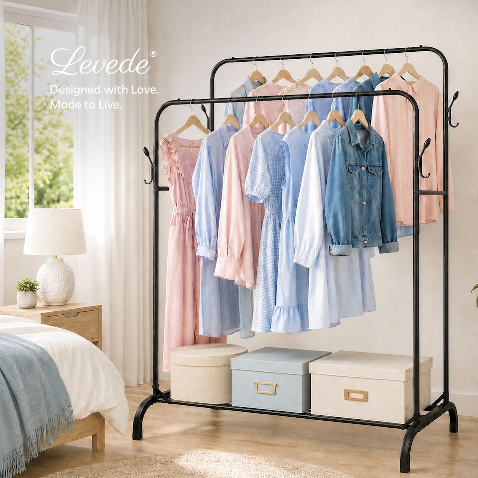 image 1 of Levede Clothes Rail Heavy Duty 2 Rods Carbon Steel Rack with Shelf Bedroom Black