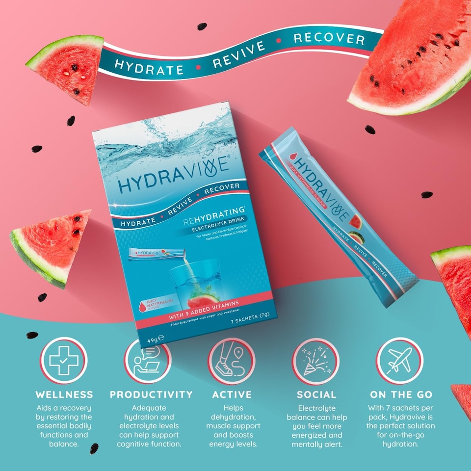 image 1 of Hydravive Rehydration Electrolytes Powder - High Strength Vitamin C and All 8 B Vitamins: B1, B3, B5, B12 Supplement Sachet Drink - 7 Pack Watermelon