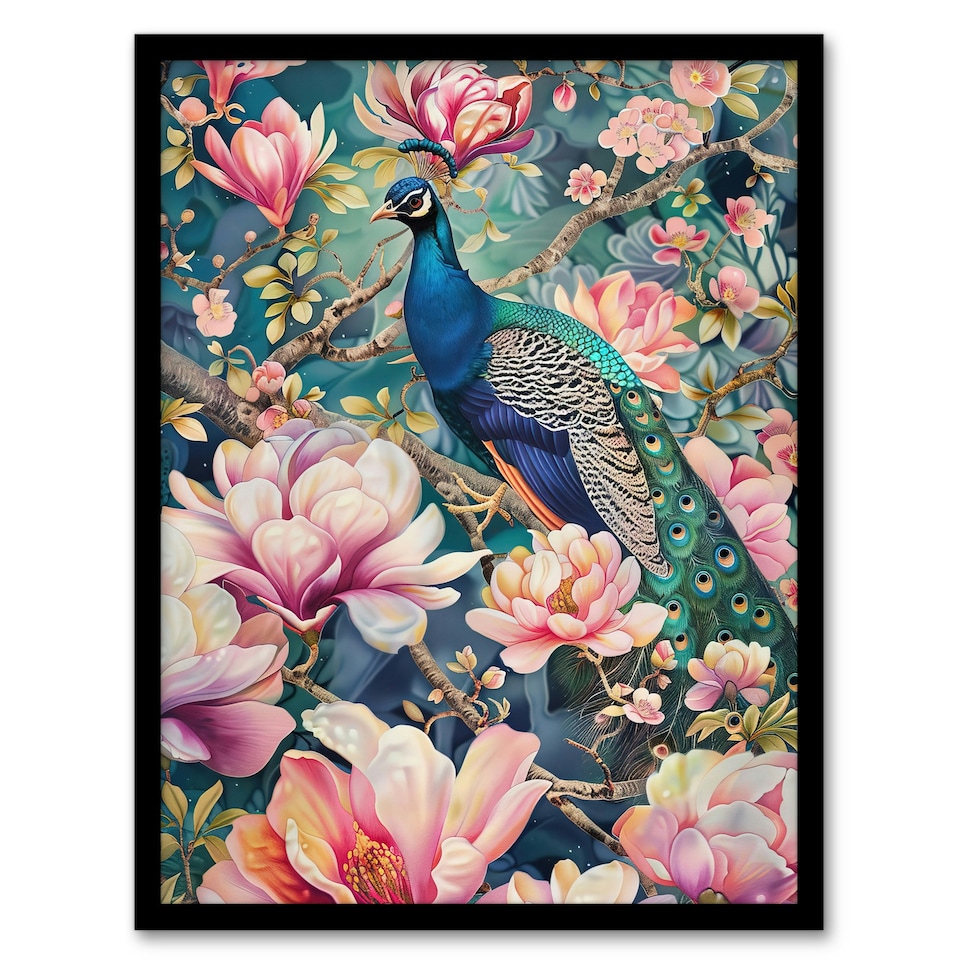 image 1 of Peacock ird Cherry Blossom Flower Tree Home Decor Black Framed Wall Art Print A4