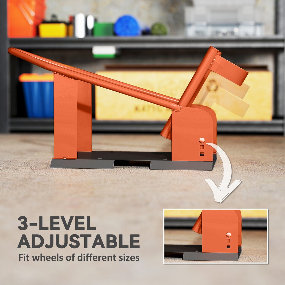 image 1 of HOMCOM Motorcycle Wheel Chock, 816.5 kg Capacity Heavy Duty Steel Motorcycle Front Wheel Chock Holder with 3 Height Adjustable Holes, Fits 381-533.4 mm Wheels, Orange