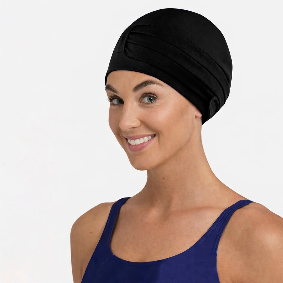 image 1 of Ladies Comfortable Fabric Swimming Cap | Turban Style Lightweight Swim Cap | Black | Black | One Size | 1