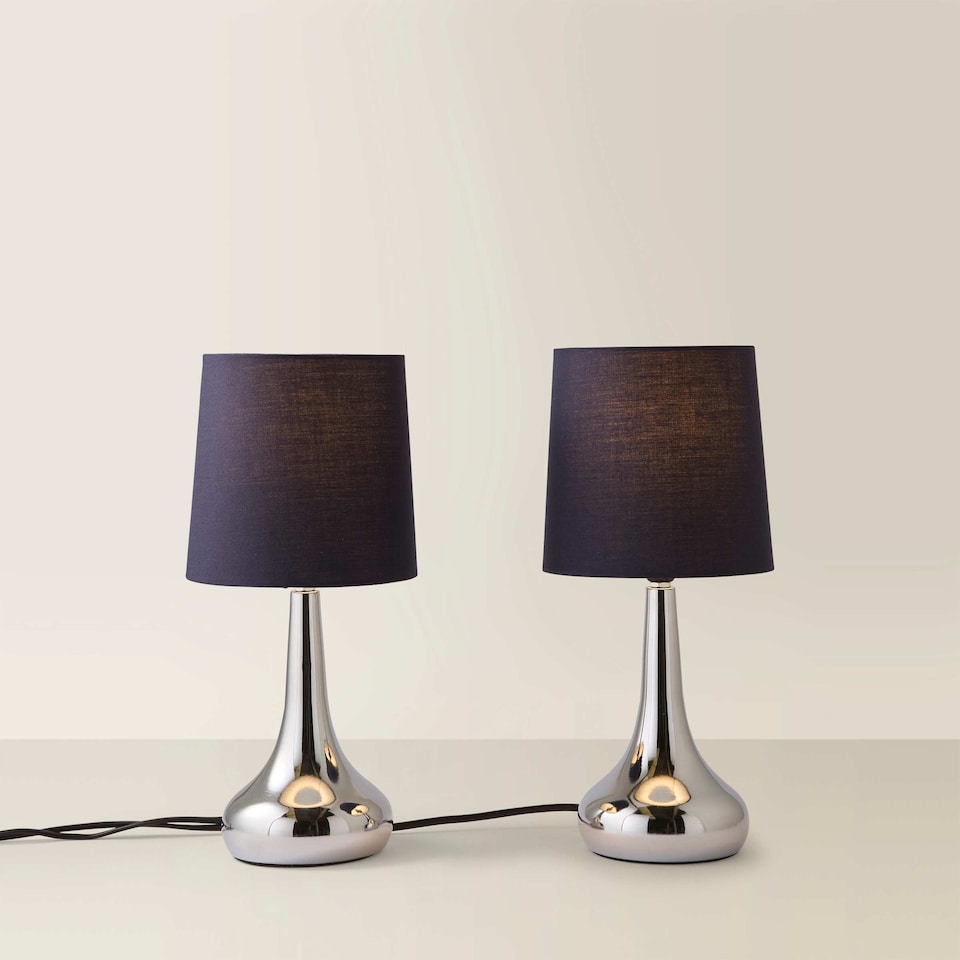 image 1 of ValueLights Teardrop Pair Chrome Touch Table Lamps Navy Shade | Black