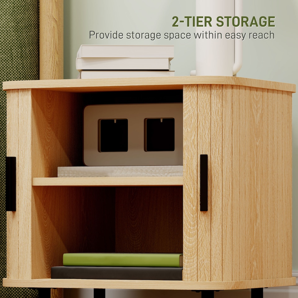 image 1 of HOMCOM Bedside Table, Nordic Side Table with Roller Shutter Style Sliding Doors and Metal Legs for Bedroom, Living Room, Oak Tone