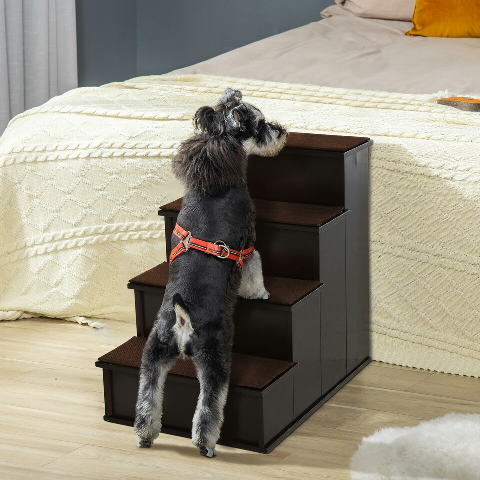 image 1 of PawHut 4 Step Wooden Dog Steps Pet Stairs Cat Ladder for Bed Couch, Dark Brown