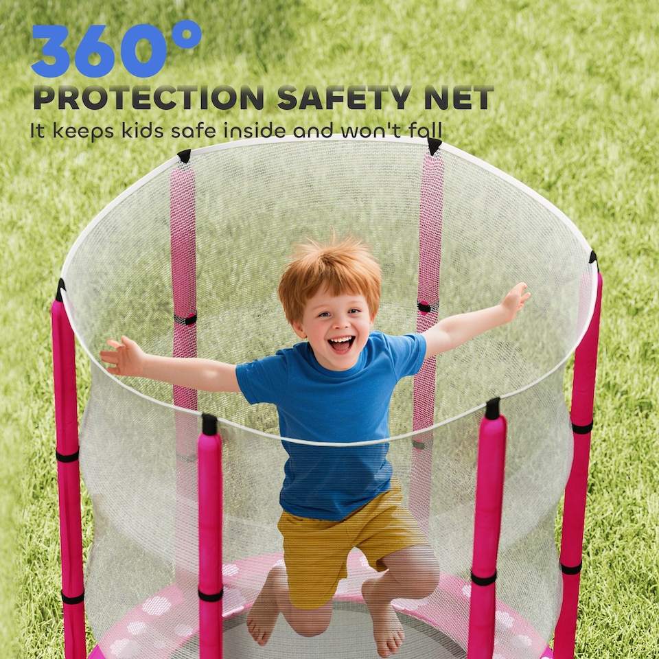 image 1 of AIYAPLAY 4.6FT Kids Trampoline with Safety Enclosure Net, Sun Pattern, Pink