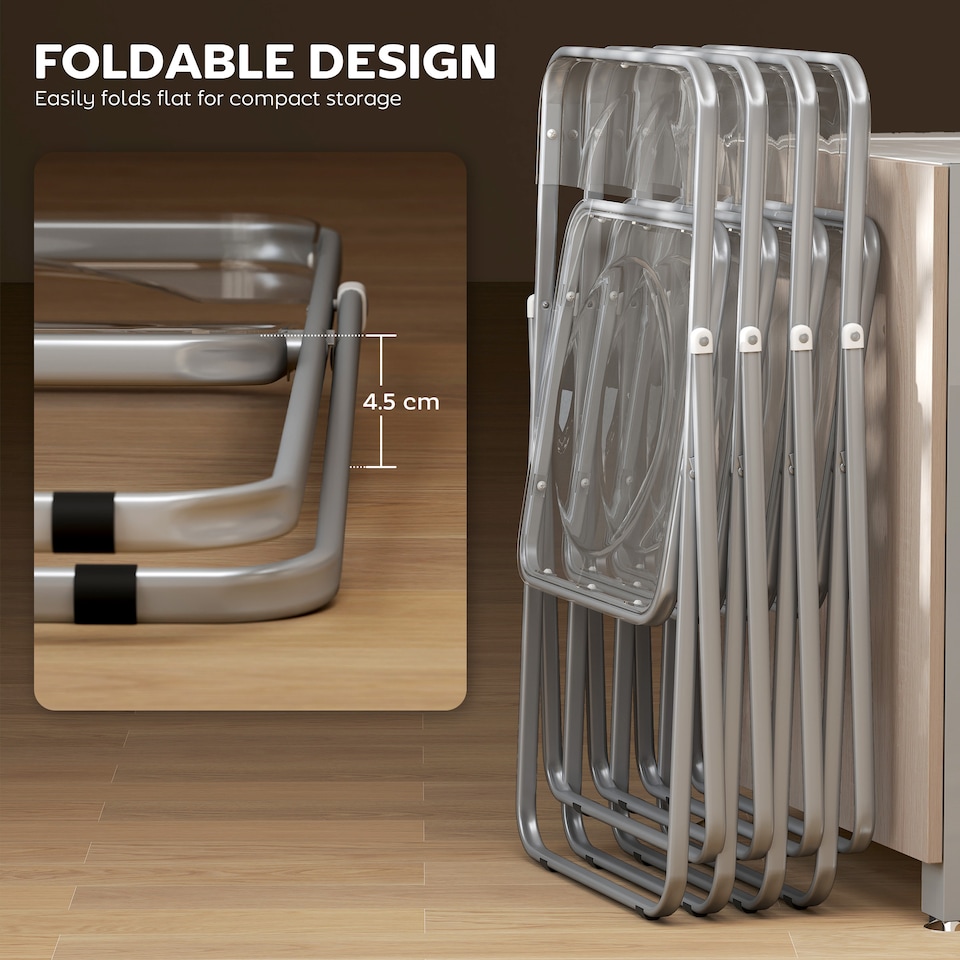 image 1 of HOMCOM Foldable Chairs with Heavy Duty Steel Frame, Clear