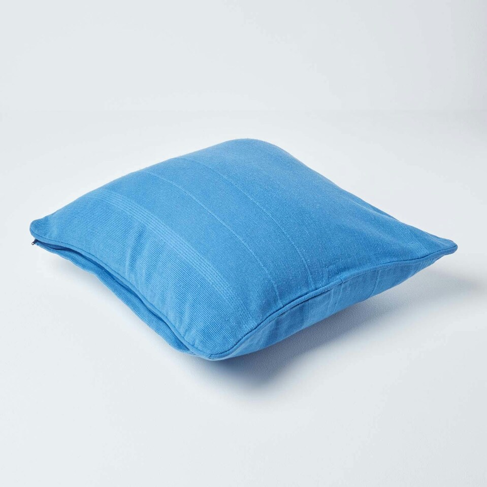 image 1 of Homescapes Cotton Rajput Ribbed Blue Cushion Cover - 60 x 60 cm | Blue | Blue | 60 x 60 cm