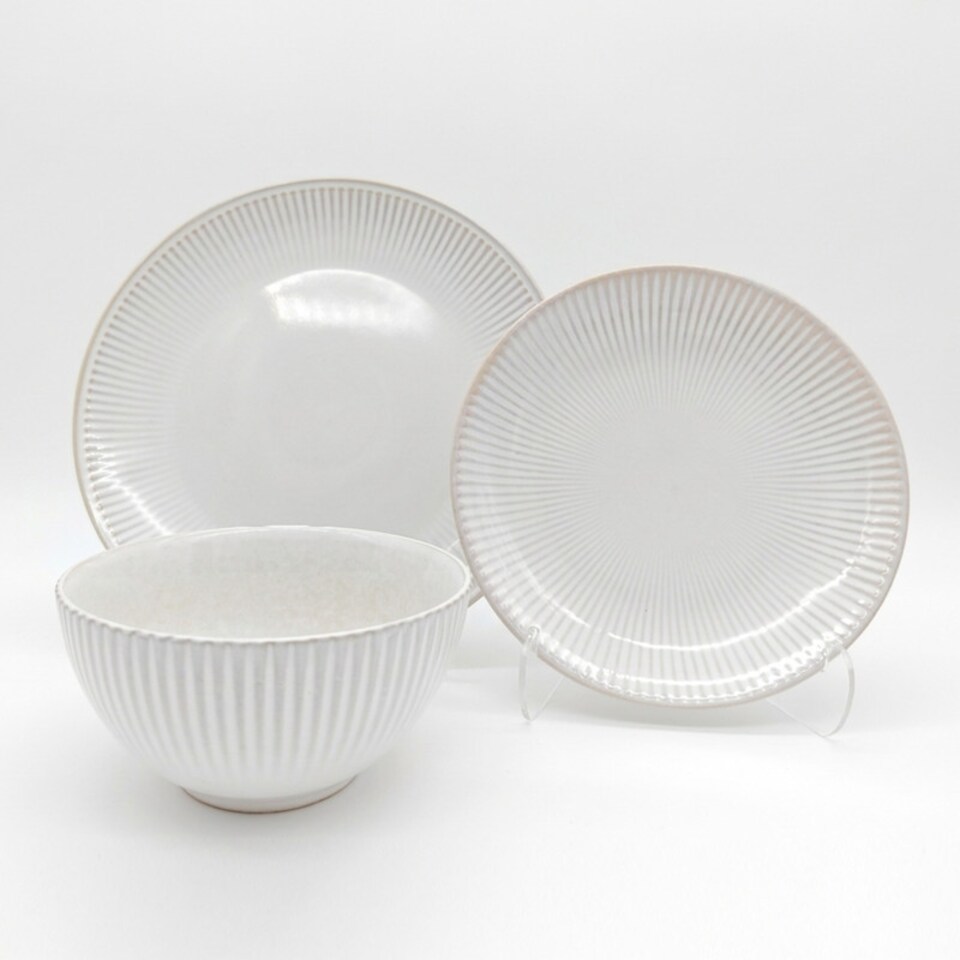 image 1 of Reactive Cream Glaze Dinner Set Plates Bowls 18pc Set
