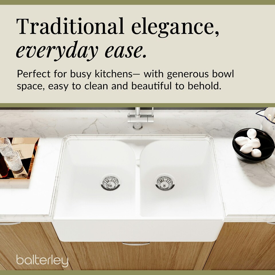 image 1 of 795mm - Double Bowl Fireclay Butler Kitchen Sink - Stepped Weir & Wastes