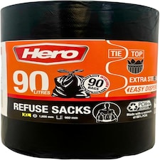 Hero Extra Strong Black Bin Bags 90 Litre Pack of 90 Heavy Duty Refuse Sacks with Tie Top Handles Brand