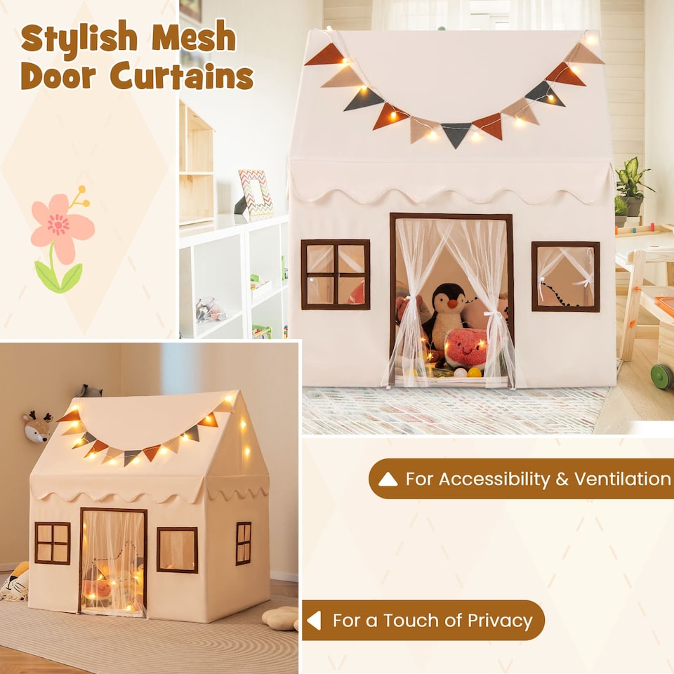 image 1 of COSTWAY Kids Play Tent Toddler Playhouse Tent with Padded Non-slip Mat-Beige